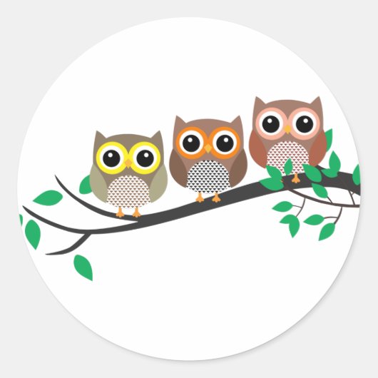 Sticker Rond Trois Chouettes sur un dessin mignon de branche d' (Devant)