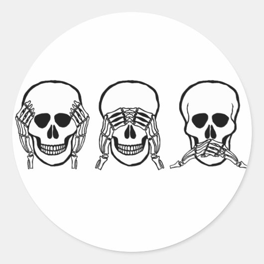 Sticker Rond Trois crânes sages, voyez, écoutez, ne parlez pas (Devant)