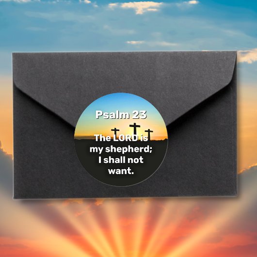 Sticker Rond Trois Croix Psaume 23 Coucher de soleil Bible Vers