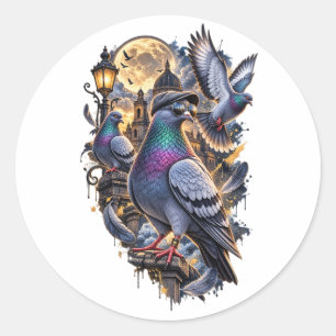 Sticker Rond Trois graphiques vintage de pigeon, Lune rétro de