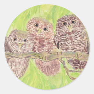 Sticker Rond Trois Petites Chouettes - peinture acrylique.