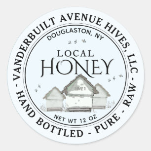 Sticker Rond Trois petites ruches LOCAL Mains de miel en boutei
