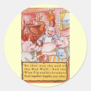 Sticker Rond Trois Petits Cochons Cuisinant Loup, Conte de Fées
