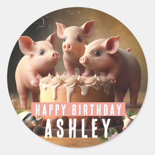 Sticker Rond Trois petits cochons gâteau d'anniversaire (Devant)