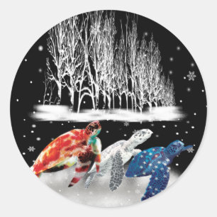 Sticker Rond Trois Turtle American T-Shirt Snowflake Noël
