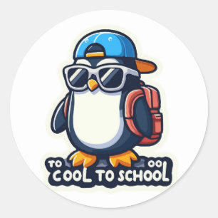 Sticker Rond Trop Cool À L'École : Pingouin Élégant Retour À L'