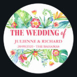 Sticker Rond Tropical Beach Destination Wedding Welcome<br><div class="desc">Le design présente un design floral moderne aux aquarelles avec des feuilles tropicaux et des fleurs.</div>