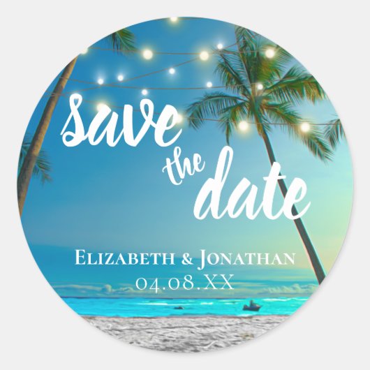 Sticker Rond Tropical Beach String Lights Palms Enregistrer La (Devant)