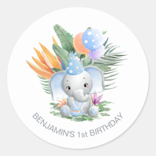 Sticker Rond Tropical Blue Baby Elephant 1er anniversaire