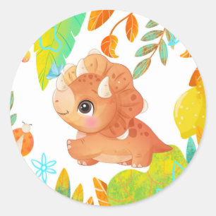 Sticker Rond Tropical Cute Orange Dinosaur Baby shower Classiqu