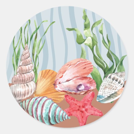 Sticker Rond Tropical de plage bleu marine Coquillage aquarelle (Devant)