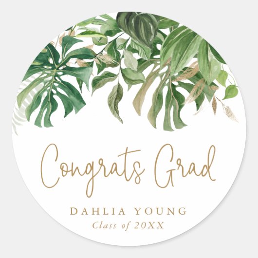Sticker Rond Tropical Greenery Gold Congrats Grad Grad Grad Gra (Devant)