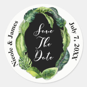 Sticker Rond Tropical Leaves Mariage Chic d'Été Enregistrer la
