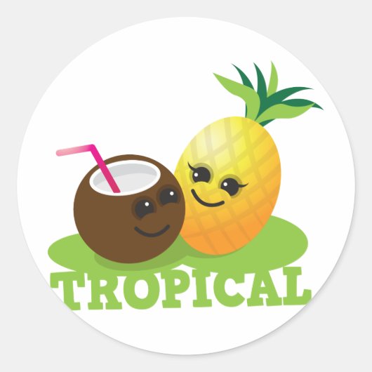 Sticker Rond TROPICAL mignon Kawaii noix de coco et ananas (Devant)