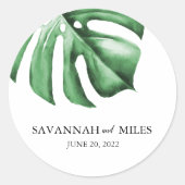 Sticker Rond Tropical Monstera Mariage Noms et Mariage de date (Devant)