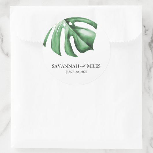 Sticker Rond Tropical Monstera Mariage Noms et Mariage de date (Sac)