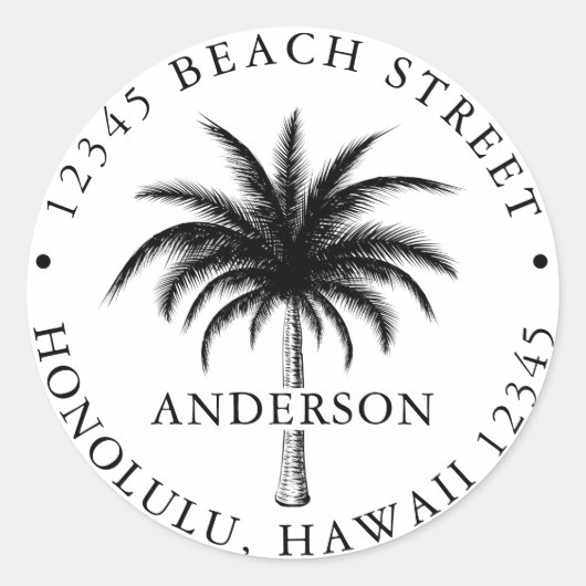 Sticker Rond Tropical Palm Tree Black & White Adresse de retour (Devant)