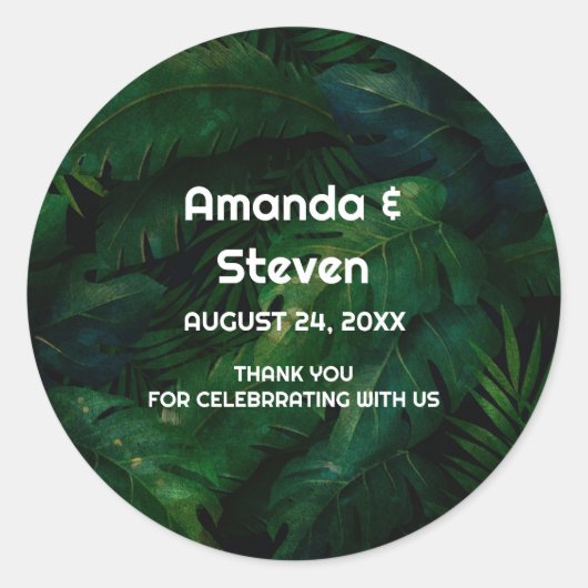 Sticker Rond Tropical Rainforest Green Feuilles Mariage Merci (Devant)
