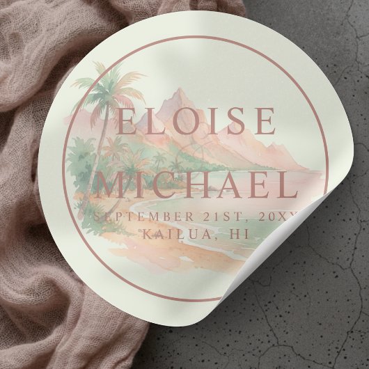 Sticker Rond Tropical Sunset Island Beach Watercolor Wedding