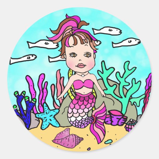 Sticker Rond Tropical Under the Sea Magenta Mermaid (Devant)