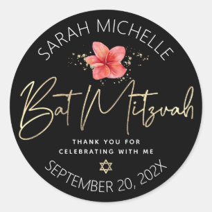 Sticker Rond Tropicale Bat Mitzvah Noir Or Floral Aquarelle
