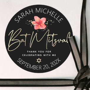 Sticker Rond Tropicale Bat Mitzvah Noir Or Floral Aquarelle