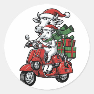 Sticker Rond Trottinette à cheval de Noël drôle Design Vintage_