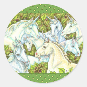 STICKER ROND TROUPEAU DE LICORNES MÉDIÉVALES, CHEVAUX, ÉTALON F