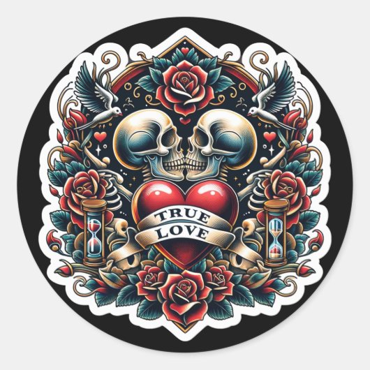Sticker Rond True Love Skeleton Heart Tattoo Mariage (Devant)
