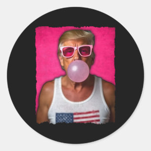 Sticker Rond Trump Bubble Gum Rose Lunettes Usa Drapeau Drôle