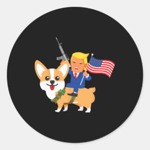 Sticker Rond Trump Corgi Pistolet Merica Élection Donald Chien