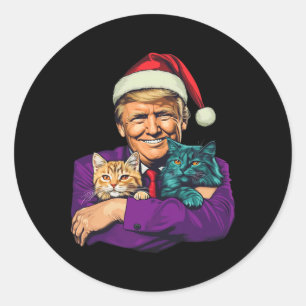 Sticker Rond Trump tenant des chats Joyeux Noël Festif Drôle
