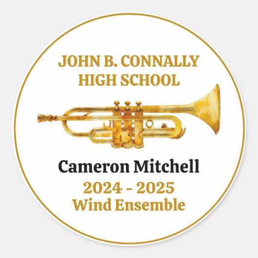 Sticker Rond Trumpet Player High School Band Gold Personalized (Devant)