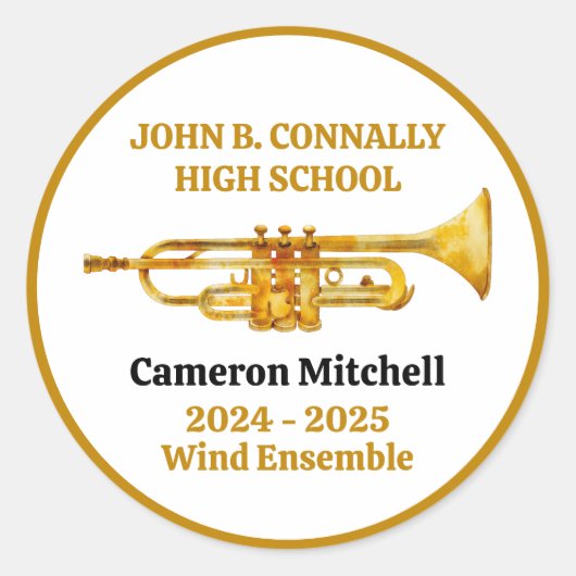 Sticker Rond Trumpet Player High School Band Gold Personalized (Devant)