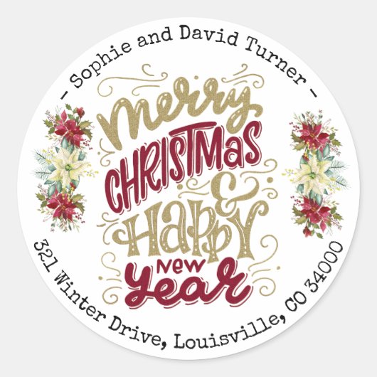 Sticker Rond Ttypographie Joyeux Noël Bonne Année Charm (Devant)