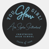 Sticker Rond Tu Glow Girl Grad Blue Neon Script Graduation (Devant)