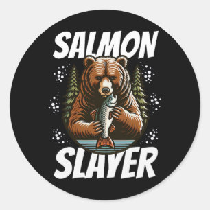 Sticker Rond Tueur de saumon ours drôle pêche saumon poisson