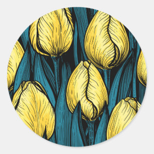 Sticker Rond Tulières jaunes avec feuilles bleus