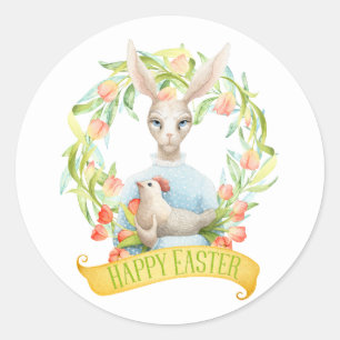 Sticker Rond Tulip Wreath et Rabbit Joyeux Pâques