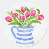 Sticker Rond Tulipes Aquarelles Peintes à la main, Pitcher Bleu (Devant)
