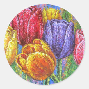 Sticker Rond Tulipes colorées Fleurs Peinture Art Floral Multi