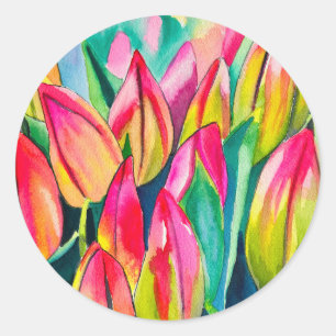 Sticker Rond Tulipes d'art aquarelle rose