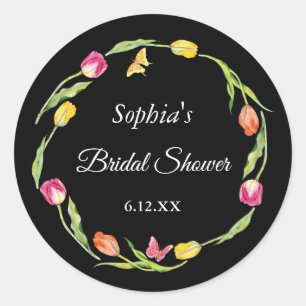 Sticker Rond Tulipes & Papillons Mariage Noir sous la Douche