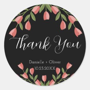 Sticker Rond Tulipes roses Merci de mariage floral noir