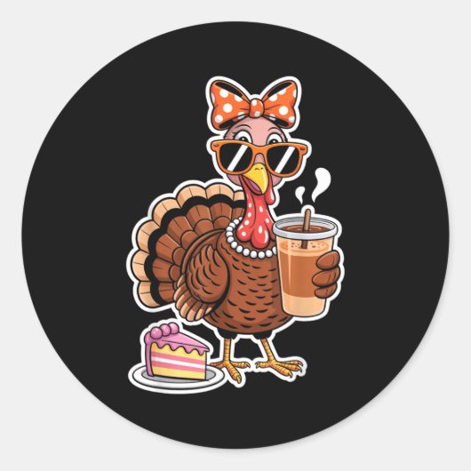 Sticker Rond Turkey Drinking Coffee Bow Thanksgiving Womens Tur (Devant)
