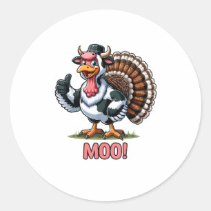 Sticker Rond Turquie En Costume De Vache, Moo Drôle Thanksgivin