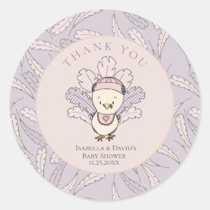 Sticker Rond Turquie & Plumes Chute Fille Baby shower Merci