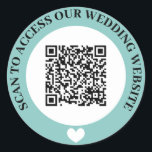 Sticker Rond Turquoise Access Mariage Site Web Coeur QR Code<br><div class="desc">Site web mariage QR code autocollant en noir,  turquoise,  et blanc avec texte courbe et un coeur blanc. Mignon noir,  turquoise et blanc mariage QR code autocollant.</div>