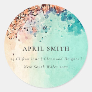 STICKER ROND TURQUOISE AQUA BLUE BEACH SAND ROCK WATERCOLOR ADR