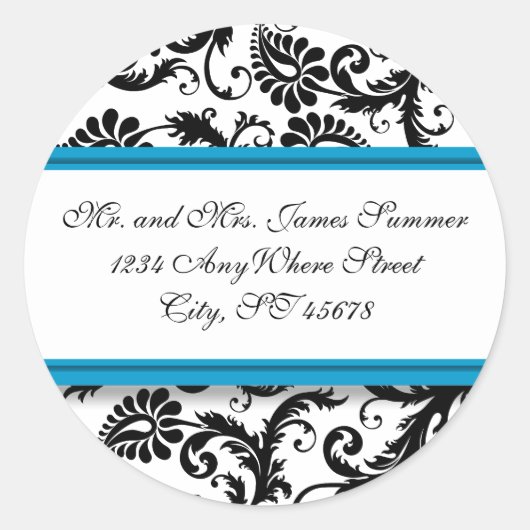 Sticker Rond Turquoise Aqua Blue Black Damask Adresse Mariage (Devant)